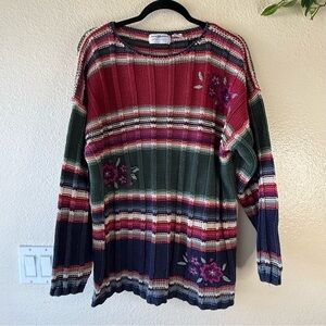 Vintage Maggie Lawrence Sport Striped Colorblock Floral Embroidered Sweater
